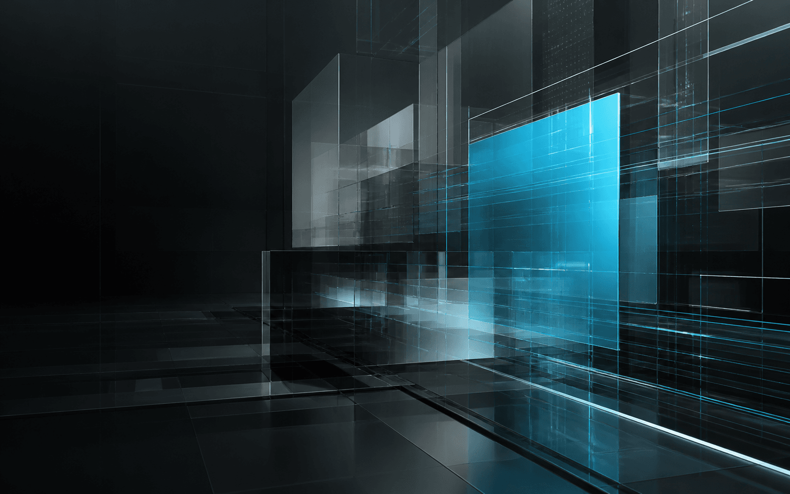 An abstract architectural system of precise translucent panels with a clear cyan focal plane